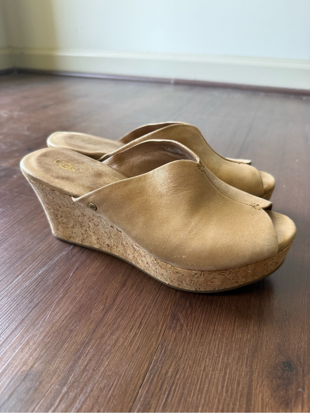 UGG Tan Leather Cork Wedge Slide Sandals